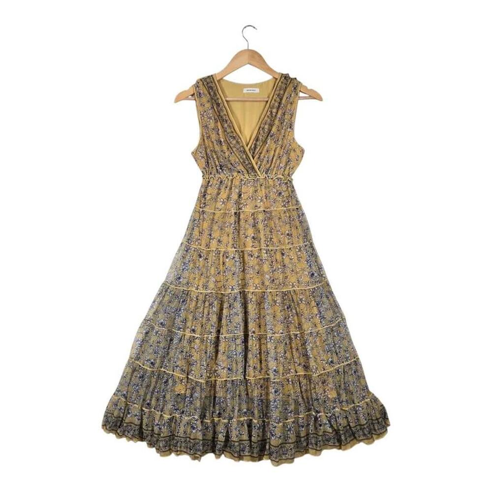 Max Studio Floral Mesh Tiered Midi Dress XS* Mustard Cottagecore Sleeveless